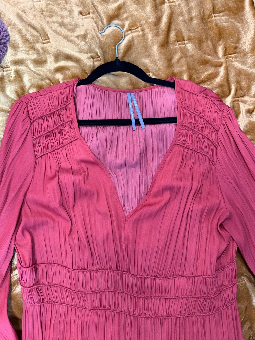 Anthropologie Red Pleated V‑Neck Long Sleeve Maxi Dress - Picture 3 of 4